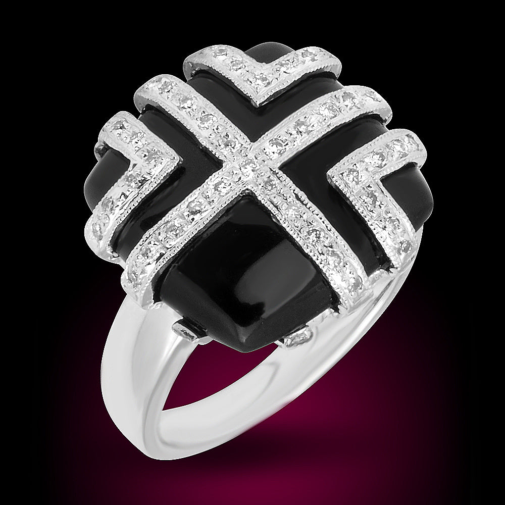 18K White Gold Ring Set With 0.30Ct Diamonds + Onyx